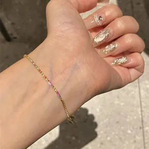 18K Real Gold Plated Copper Bracelet For Women Rainbow Zirconia Inlaid Geometric Bolo Adjustable Chain Hand Jewelry