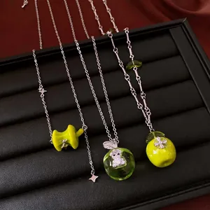 Sweet And Cool Green Apple Star Pendant Necklace For Women Copper Resin Zirconia Clavicle Chain Small Fresh Fruit Jewelry Necklace