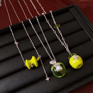 Sweet green apple pendant necklaces with silver chain for women's fashion jewelry