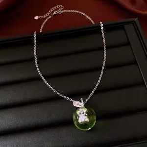 Sweet green apple pendant necklace with sparkling rhinestone bear detail