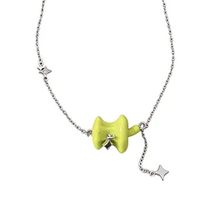 Cute green apple core pendant necklace with silver star charms for fashion women