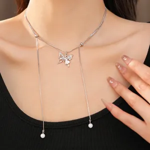 Double Layer Butterfly Pendant Necklace for Women Exquisite Rhinestone Artificial Pearl Tassel Clavicle Chain Sweet Cool Alloy Jewelry