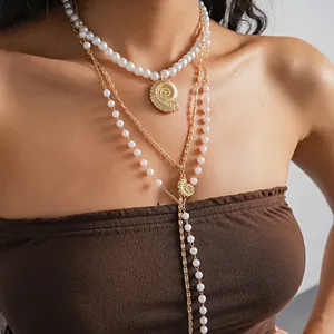 Vintage Triple Layered Artificial Pearl Conch Shell Pendant Necklace Set Gold Tone Alloy Beach Vacation Jewelry For Women