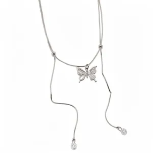 Elegant silver butterfly tassel necklace with sparkling rhinestone accents for women