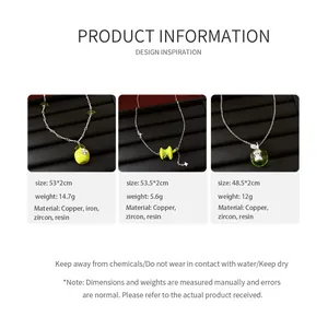 Detailed product specifications for three green apple pendant necklaces in English