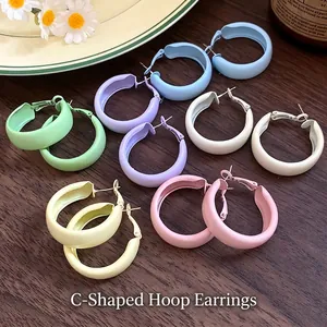Trendy macaron color matte hoop earrings with silver needles for women dopamine style jewelry