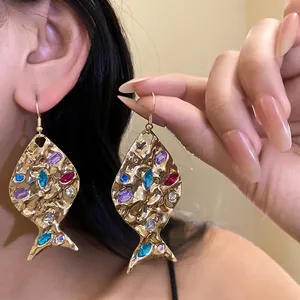 Vintage gold fish-shaped dangle earrings with colorful sparkling rhinestones for women.