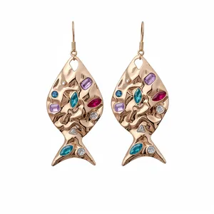 Elegant vintage gold-toned fish hook earrings with colorful crystals and wrinkled texture
