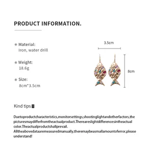 Product info for fish-shaped rhinestone earrings with material and size details