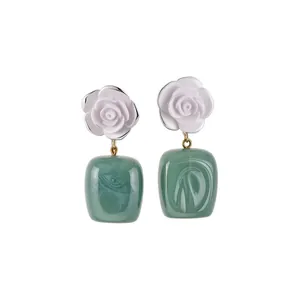 Vintage Chinese style white resin flower and green translucent square drop earrings