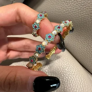 Vintage Palace Style Enamel Flower Bangle Bracelet Ring Set Rhinestone Cat Eye Stone Women Light Luxury Elegant Jewelry