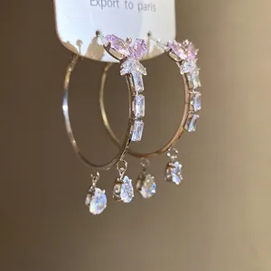 French style silver needle hoop earrings with butterfly and zirconia teardrop charms