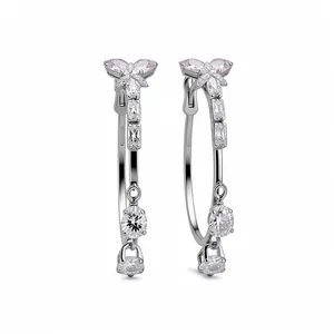 Elegant silver hoop earrings with pink butterfly and sparkling zircon drops for women