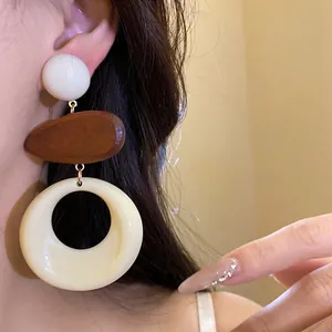 Retro ethnic style resin wood tiered drop earrings for women with white circular studs
