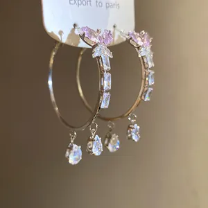 Luxury silver hoop earrings with butterfly and water drop zircon pendants