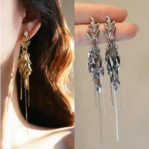 Retro Wheat Ear Long Tassel Zirconia Ear Clips For Non-Pierced Ears Copper Elegant Vintage Earrings Women Fashion Jewelry