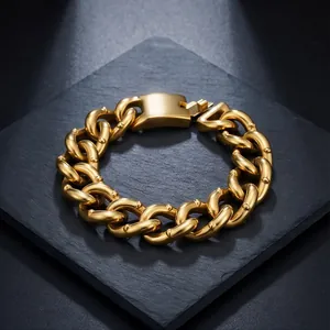 Detailed view of 18mm gold stainless steel Cuban link bracelet with rivet studs