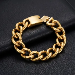 Close-up of 18mm gold stainless steel Cuban link bracelet with rivet beads for men