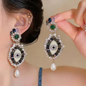 Vintage Dark Style Evil Eye Stud Earrings For Women Rhinestone Artificial Pearl Inlaid Alloy Jewelry Luxury Drop Earrings