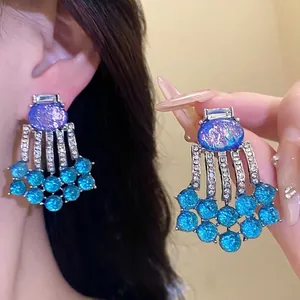 Vintage Alloy Resin Oval Rhinestone Tassel Stud Earrings With Silver Earring Post For Women Light Luxury High End Jewelry