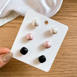Retro French style square pearl stud earrings set in white pink and black colors for women