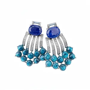 Vintage silver earrings with blue oval stones and sparkling rhinestone tassels