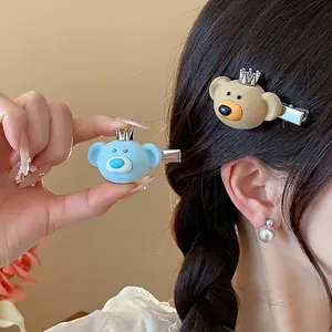 Cute Cartoon Flocked Bear Hair Clip Elegant Alloy Crown Duckbill Clip Fashion Hair Accessory For Women Girls Hair Styling