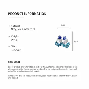 Detail view of blue resin tassel earrings with 4cm by 3cm size measurements