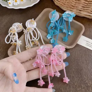 Handmade Flower Tassel Stud Earrings For Women With 925 Sterling Silver Post Resin Glass Beads Sweet Dopamine Color Ear Jewelry