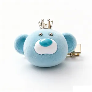 Cute blue flocked bear hair clip with silver crown detail stylish duckbill clip accessory