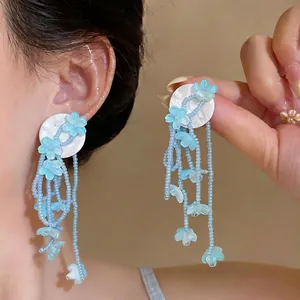 Elegant blue flower tassel beaded drop earrings with shell-like disc for women