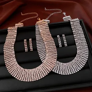 Luxurious Copper Rhinestone Tassel Necklace And Earrings Jewelry Set Court Style Clavicle Chain For Women Wedding Banquet Elegant Accessories