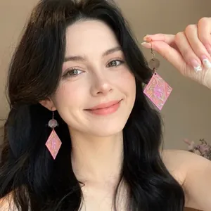 Bohemian Wood Rhombus Drop Earrings For Women Literary Retro Floral Printed Wooden Dangle Earrings With Silver Earring Post Jewelry
