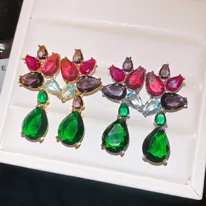 Elegant contrast colored zircon drop earrings with ice crack texture in a gift box