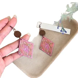 Bohemian pink floral pattern wooden diamond dangle earrings with vintage copper hooks
