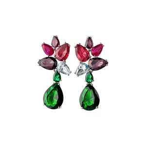 Elegant multi-color pear-shaped zircon drop earrings for women's luxury party wear.