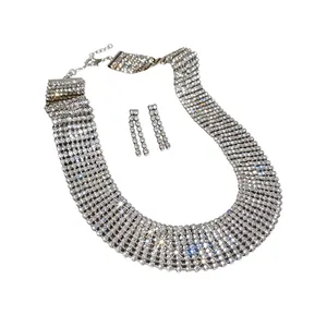 Elegant multi-layer silver rhinestone choker necklace and drop earring jewelry set