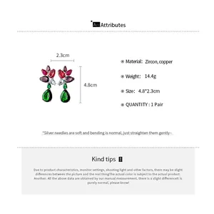 Detailed product information and specifications for elegant color-clash zircon dangle earrings