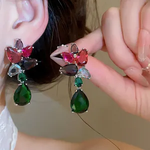 Elegant multi-color zircon flower drop earrings with emerald green pear shape stone