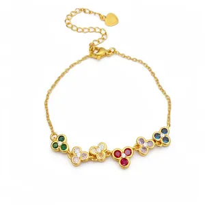 Exquisite gold-plated bracelet featuring multi-color zircon flower charms and a heart pendant
