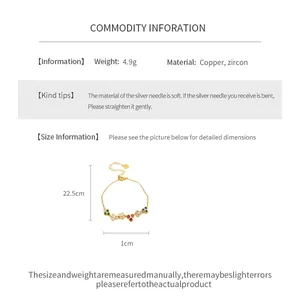 Detail view of colorful zircon flower bracelet with size and material specifications.