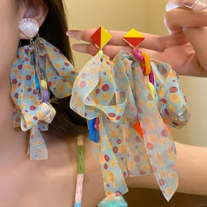Bohemian Chiffon Bowknot Tassel Drop Earrings With Silver Earring Post Shell Polka Dot Vacation Sweet Jewelry For Women