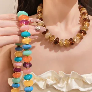 Exquisite acrylic marbled round bead necklace with colorful and amber hues for vacation style