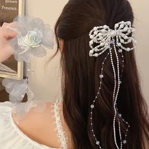 Fashion Artificial Pearl Bowknot Tassel Hair Clip Elegant Sweet Side Duckbill Clip For Women Floral Fabric Hair Accessory