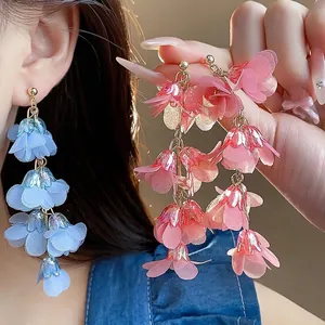 Women's 925 Sterling Silver Post Acrylic Chiffon Flower Tassel Stud Earrings Elegant Floral Long Dangle Earrings Jewelry Gift