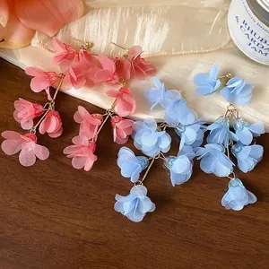 Elegant silver needle chiffon flower tassel earrings in pink and blue for fashionable women