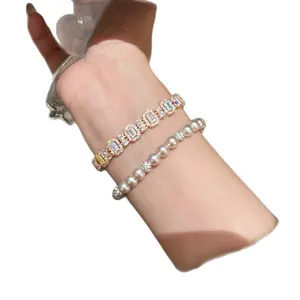 Eleganter Zirkonia Armband-Set mit quadratischer Schnalle und Perlen für Damen Schmuck