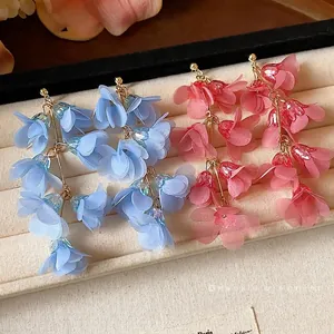 Beautiful handmade chiffon flower tassel dangle earrings in light blue and pink