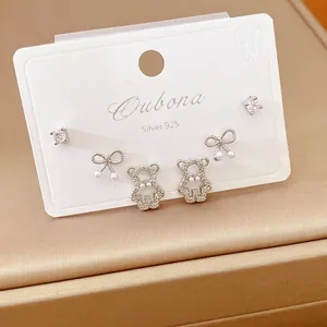 Women's Korean Style Bow Bear Stud Earrings Set With 925 Sterling Silver Earring Post Copper Inlaid Zirconia Artificial Pearl Silver Color Fashion Jewelry
