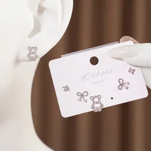 Elegant S925 silver needle bear and bow zircon earring set for women